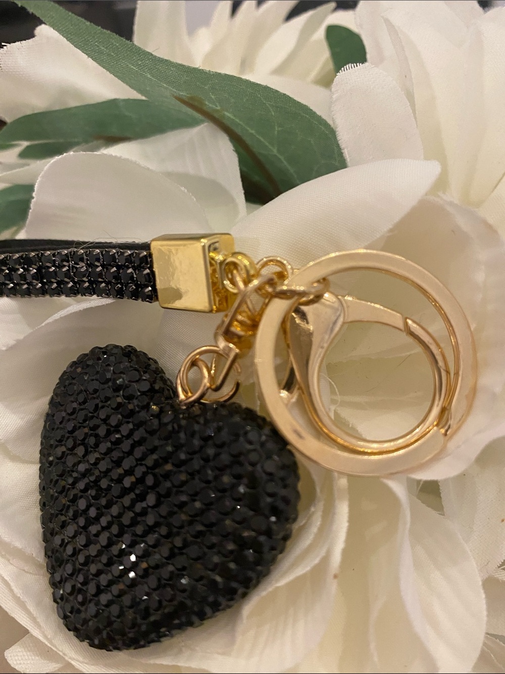 Gold-Tone Black Crystal Heart Keychain Bag Charm NWOT - Picture 6 of 6